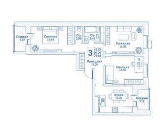 Квартира 79,7 м², 3-комнатная - изображение 1