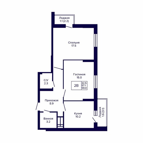 59,8 м², 2-комнатная квартира 5 920 200 ₽ - изображение 1