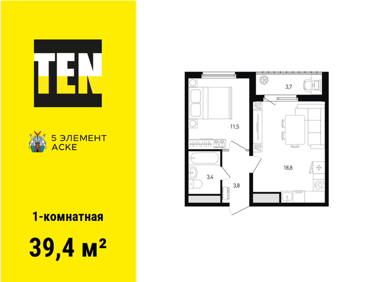 39,4 м², 1-комнатная квартира 4 487 660 ₽ - изображение 1