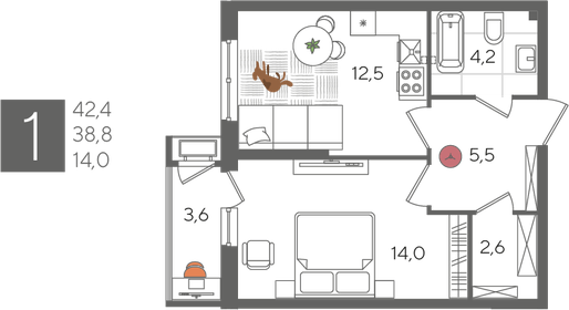 Квартира 42,4 м², 1-комнатная - изображение 2