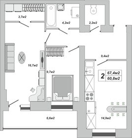 Квартира 67,4 м², 2-комнатная - изображение 1