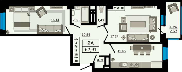 62,9 м², 2-комнатная квартира 8 555 760 ₽ - изображение 22