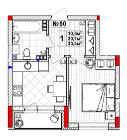 Квартира 30,4 м², 1-комнатная - изображение 1