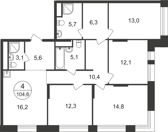 104,6 м², 4-комнатная квартира 21 539 750 ₽ - изображение 1