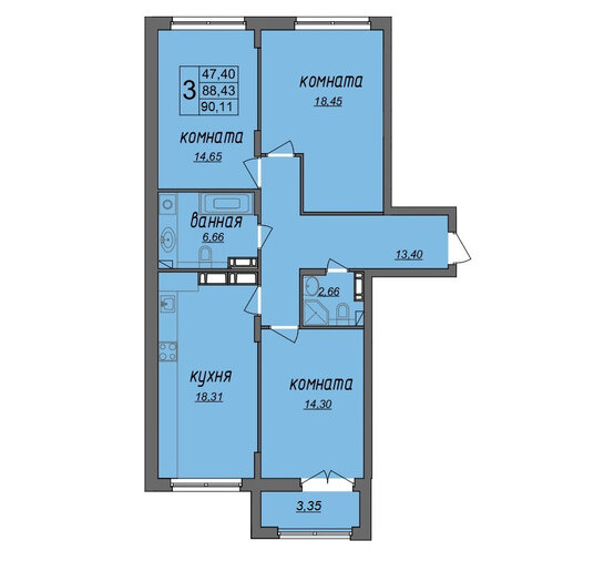 90,1 м², 3-комнатная квартира 7 070 000 ₽ - изображение 1