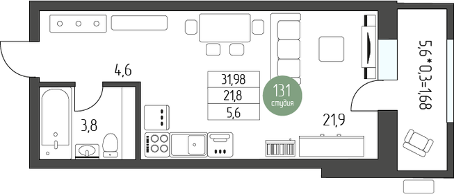 Квартира 35,9 м², студия - изображение 1