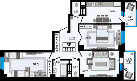 Квартира 88,4 м², 3-комнатная - изображение 1