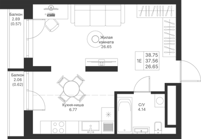 Квартира 38,8 м², студия - изображение 1