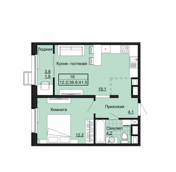 41,5 м², 1-комнатная квартира 3 818 000 ₽ - изображение 1