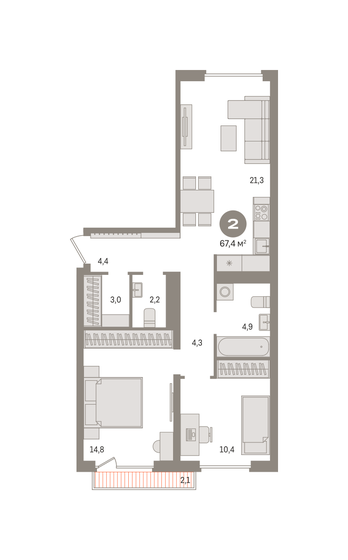 67,4 м², 2-комнатная квартира 11 750 000 ₽ - изображение 1