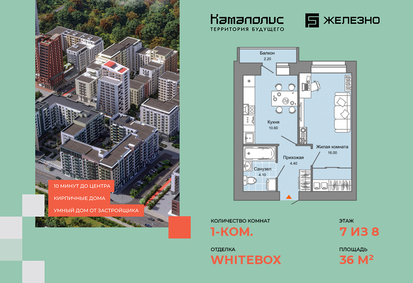 36 м², 1-комнатная квартира 6 544 240 ₽ - изображение 1