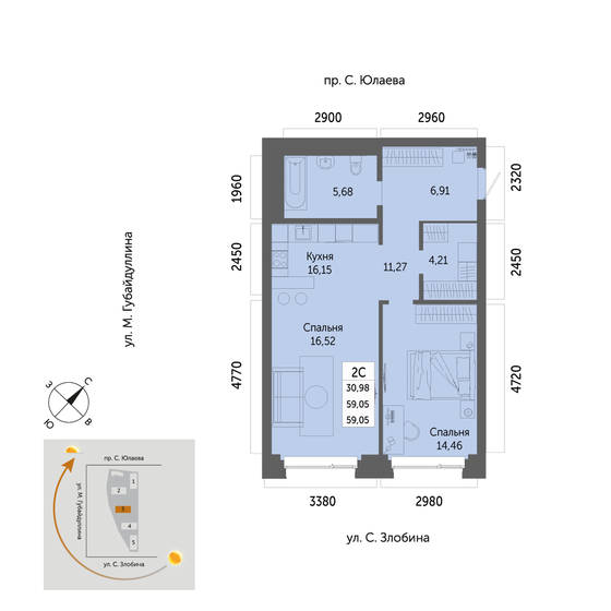 59,1 м², 2-комнатная квартира 8 385 100 ₽ - изображение 1