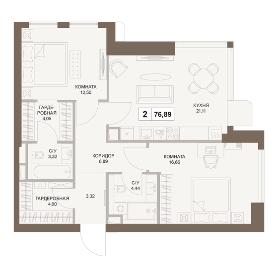 76,9 м², 2-комнатная квартира 39 609 960 ₽ - изображение 1