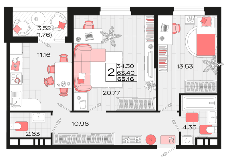 65,2 м², 2-комнатная квартира 8 073 324 ₽ - изображение 1