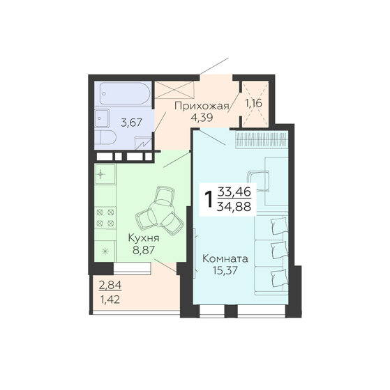 34,9 м², 1-комнатная квартира 4 952 960 ₽ - изображение 1