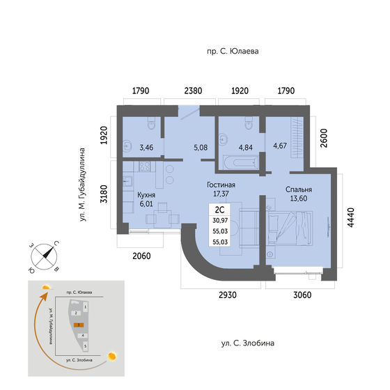 55 м², 2-комнатная квартира 7 759 200 ₽ - изображение 1