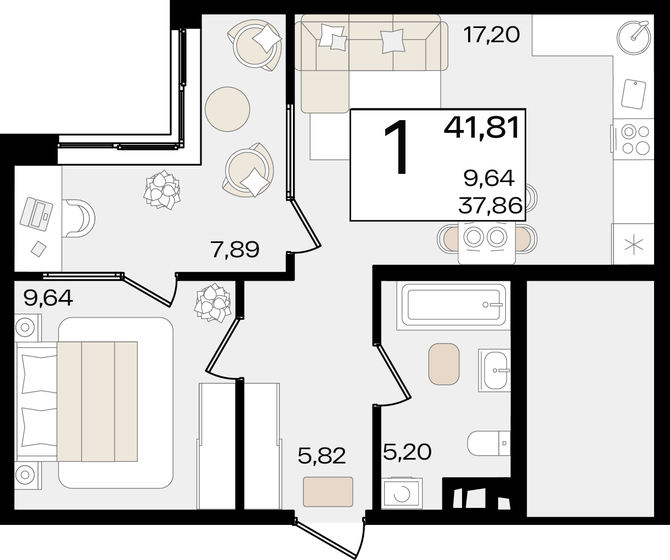 41,8 м², 1-комнатная квартира 12 438 475 ₽ - изображение 1