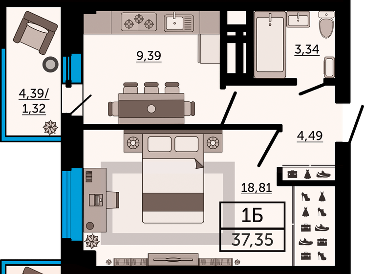 37,4 м², 1-комнатная квартира 5 378 400 ₽ - изображение 1