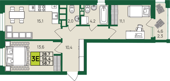 Квартира 58,7 м², 3-комнатная - изображение 1