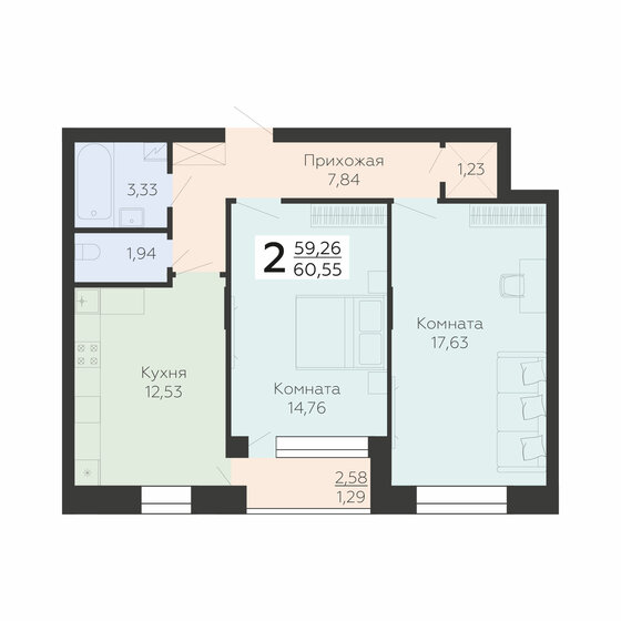 60,6 м², 2-комнатная квартира 6 176 100 ₽ - изображение 1