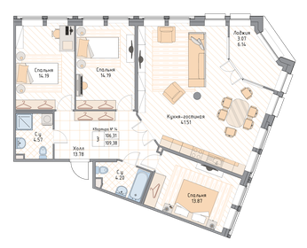 Квартира 109,4 м², 3-комнатная - изображение 1