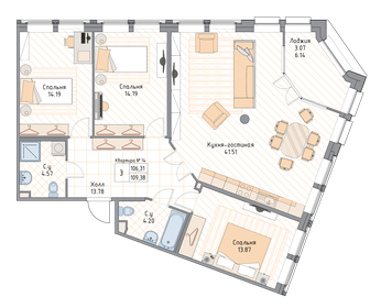 109,3 м², 3-комнатная квартира 47 700 720 ₽ - изображение 3