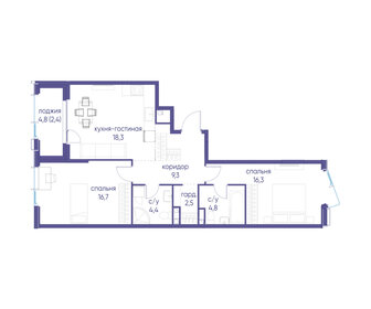Квартира 74,6 м², 2-комнатная - изображение 2