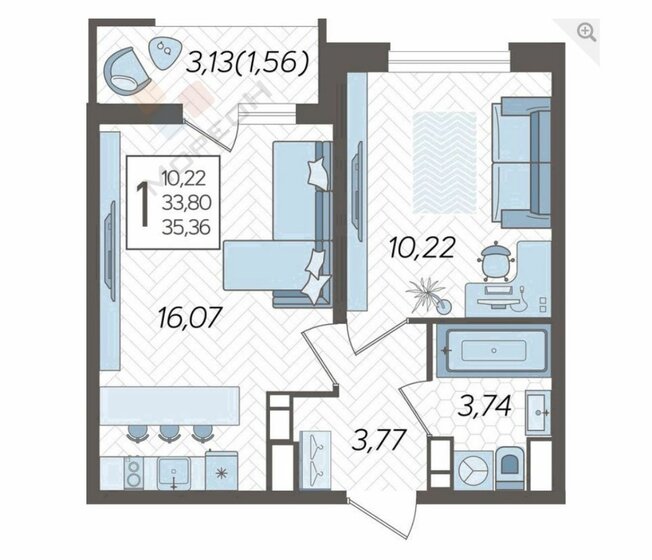 35,4 м², 1-комнатная квартира 4 850 000 ₽ - изображение 1