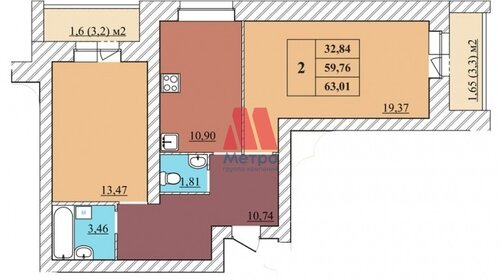68,4 м², 2-комнатная квартира 6 822 900 ₽ - изображение 35