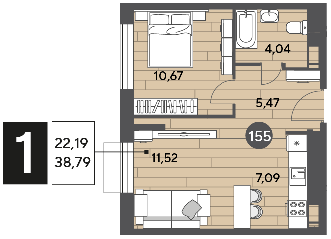 38,8 м², 1-комнатная квартира 5 706 009 ₽ - изображение 1