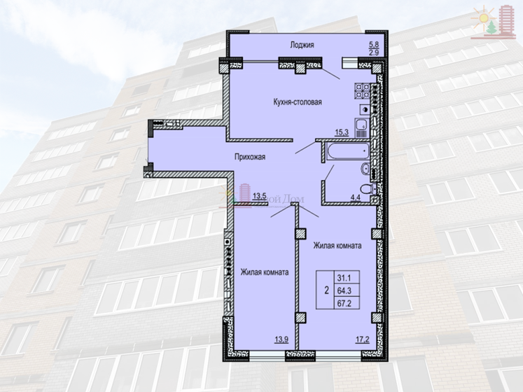 68,7 м², 2-комнатная квартира 7 076 100 ₽ - изображение 1