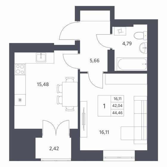 44,5 м², 1-комнатная квартира 5 950 000 ₽ - изображение 1