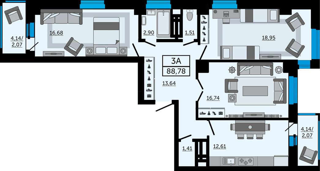 88,8 м², 3-комнатная квартира 12 340 420 ₽ - изображение 1