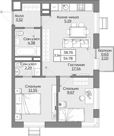 Квартира 54,8 м², 3-комнатная - изображение 1