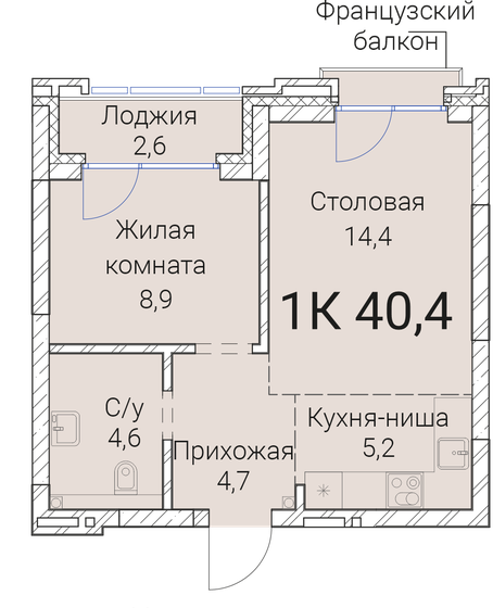 40,4 м², 1-комнатная квартира 7 741 800 ₽ - изображение 1