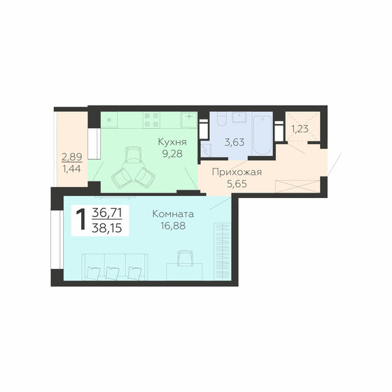 38,2 м², 1-комнатная квартира 3 891 300 ₽ - изображение 1