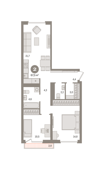 67,5 м², 2-комнатная квартира 11 530 000 ₽ - изображение 19