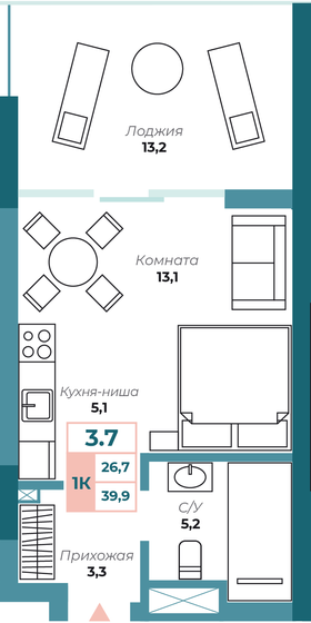 39,9 м², 1-комнатные апартаменты 11 371 500 ₽ - изображение 1