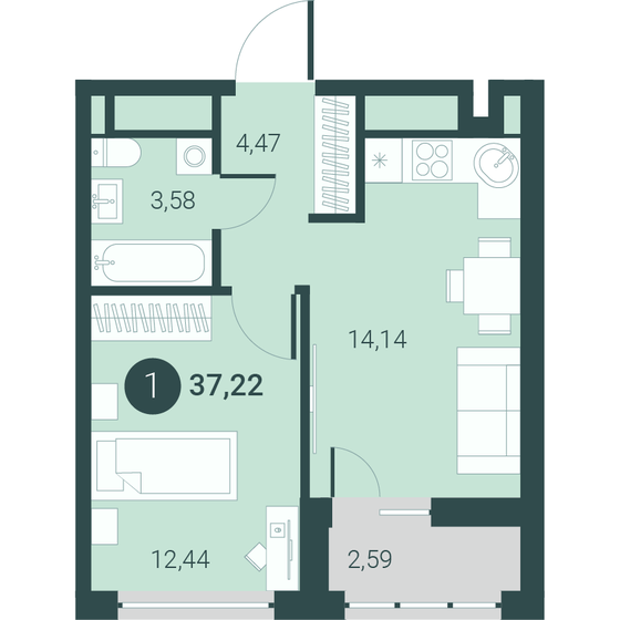 37,2 м², 1-комнатная квартира 4 975 000 ₽ - изображение 1