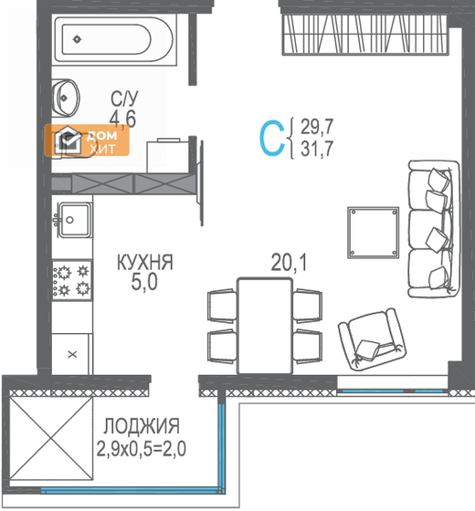 33,5 м², 1-комнатная квартира 7 370 000 ₽ - изображение 1