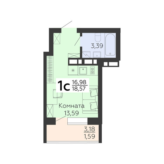 18,6 м², 1-комнатная квартира 3 342 600 ₽ - изображение 1