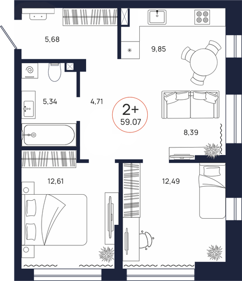 59,1 м², 2-комнатная квартира 7 471 000 ₽ - изображение 1