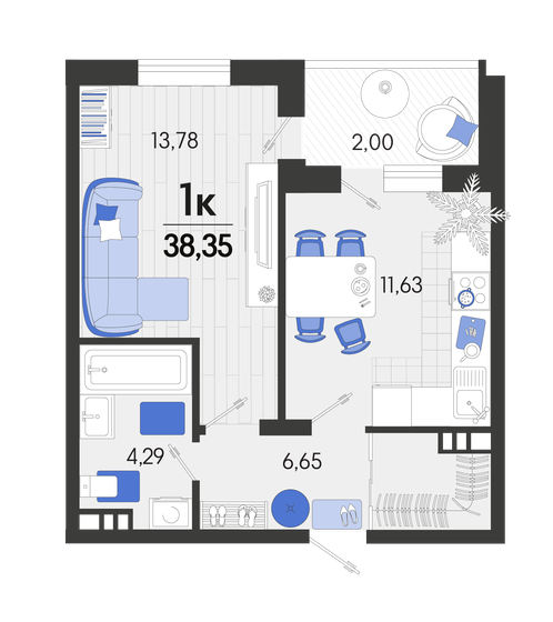 38,4 м², 1-комнатная квартира 6 251 050 ₽ - изображение 1