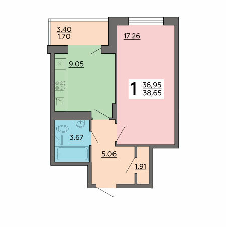 38,7 м², 1-комнатная квартира 3 633 100 ₽ - изображение 1