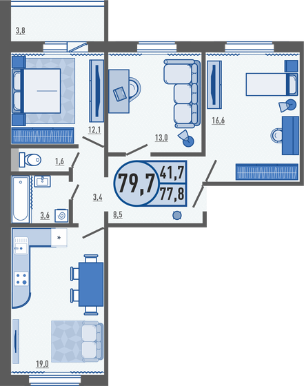 79,7 м², 3-комнатная квартира 6 750 590 ₽ - изображение 1