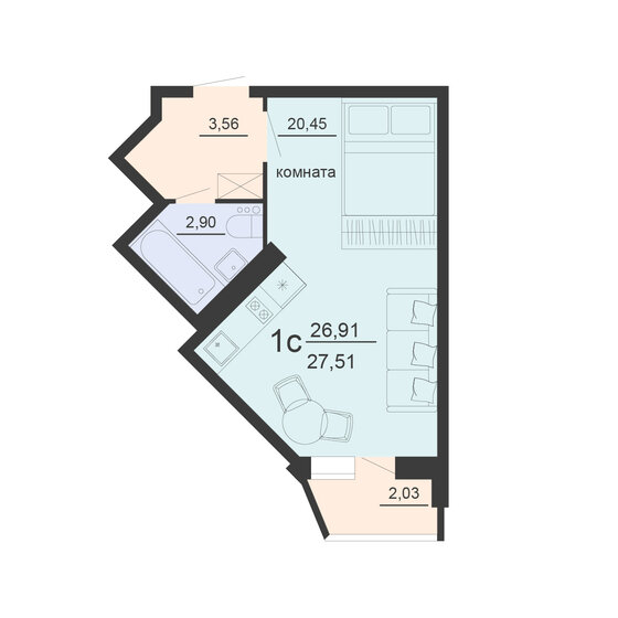 27,5 м², 1-комнатная квартира 3 026 100 ₽ - изображение 1