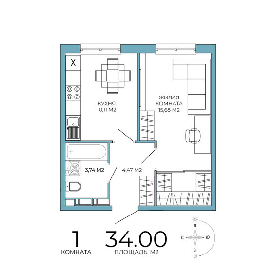 34 м², 1-комнатная квартира 3 060 000 ₽ - изображение 1