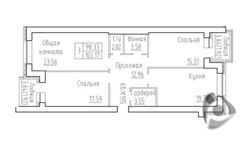 Квартира 102,2 м², 3-комнатная - изображение 1