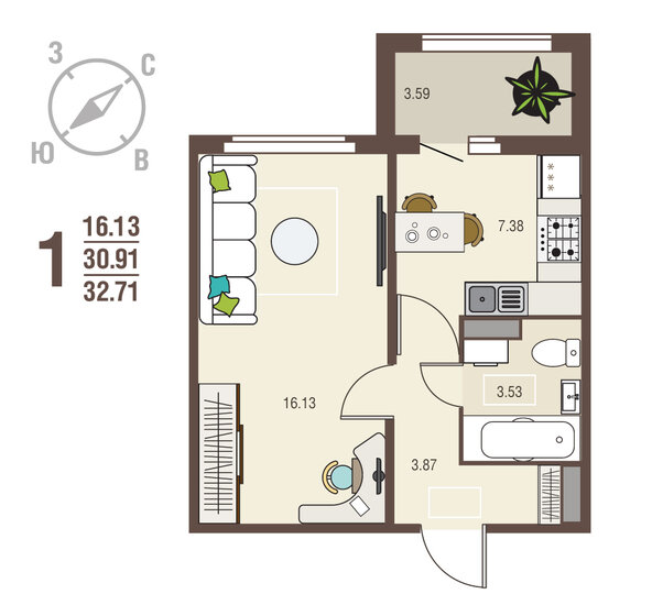 32,7 м², 1-комнатная квартира 3 434 550 ₽ - изображение 17