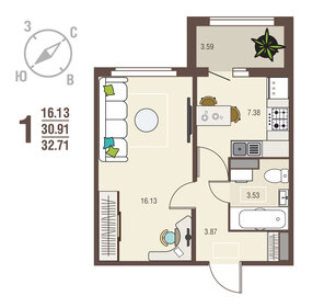 32,7 м², 1-комнатная квартира 3 369 130 ₽ - изображение 25